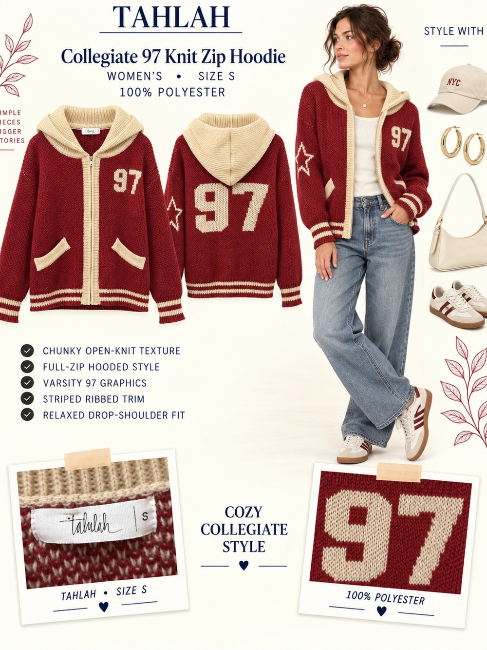 TALULAH Red and Cream Collegiate 97 Knit Zip Hoodie